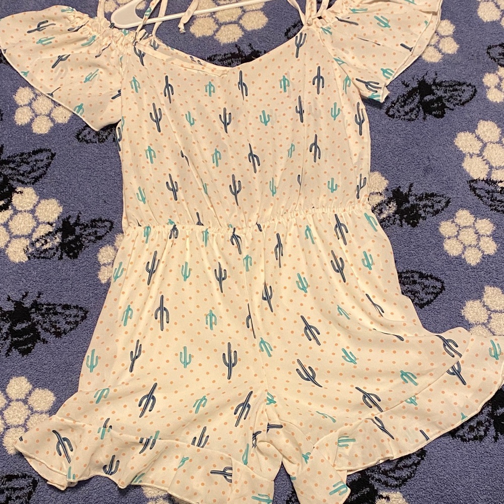 ADORA Cactus Print Jumpsuit in White and Blue